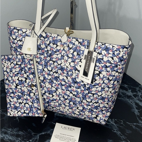 LAUREN RALPH LAUREN Bag Leather Print Tote Purple Vanilla/Breeze Floral w Pouch - Picture 9 of 14